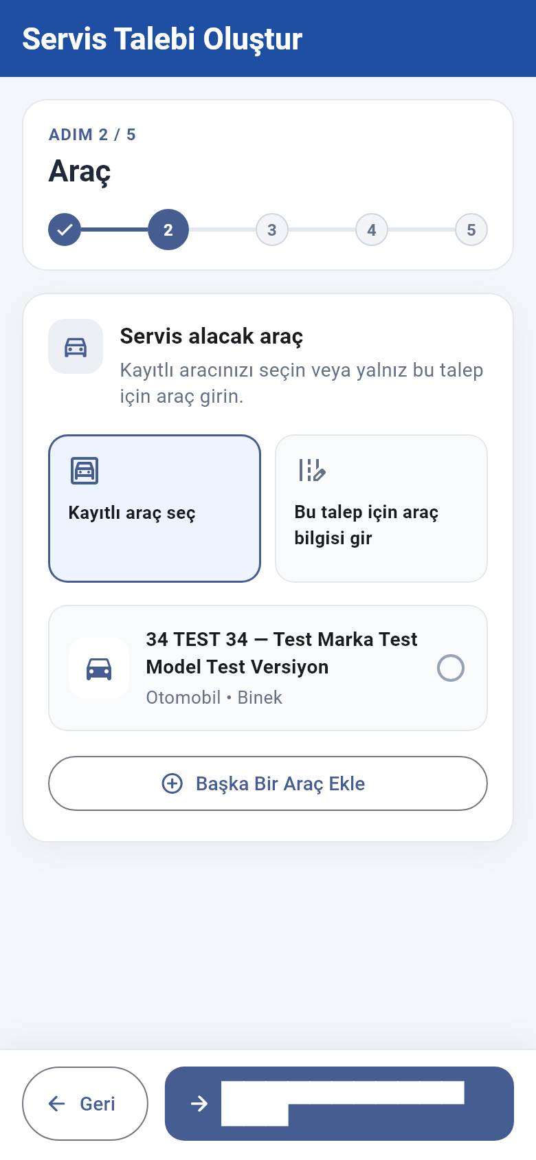 Müşteri Flutter uygulaması: acil servis talebi oluşturma, araç seçimi
