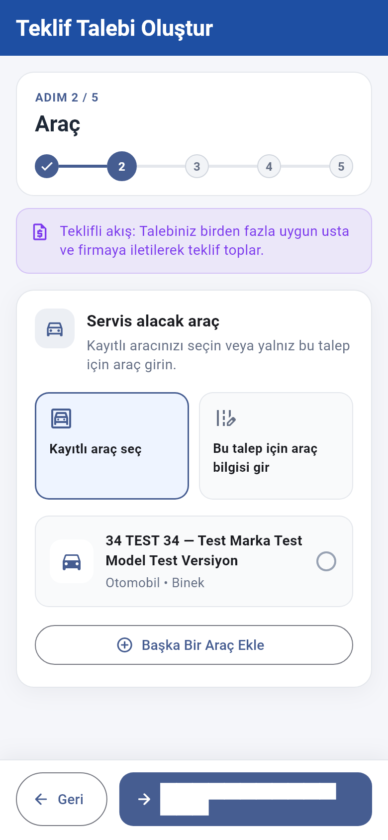 Müşteri Flutter uygulaması: teklif talebi oluşturma