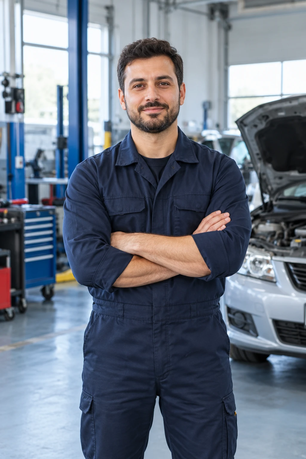 Oto servis ortamında koyu iş kıyafetli usta; yapay zekâyla üretilmiş tanıtım görseli