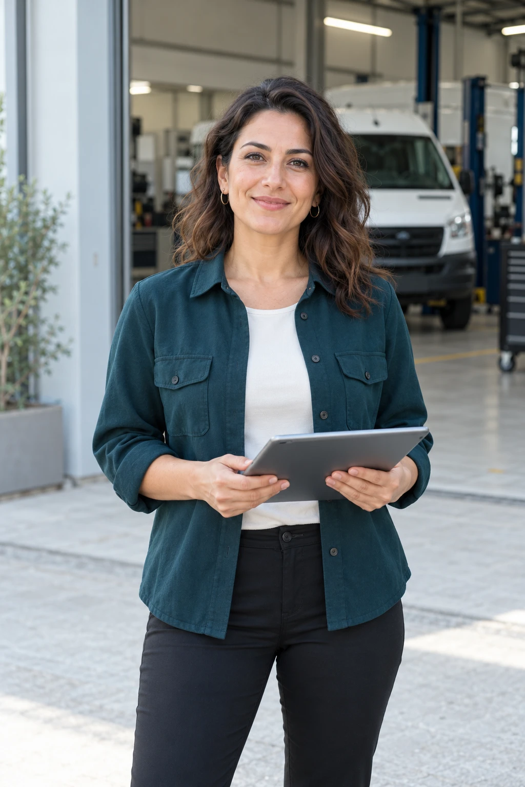 Servis aracı önünde tablet kullanan operasyon yöneticisi; yapay zekâyla üretilmiş tanıtım görseli
